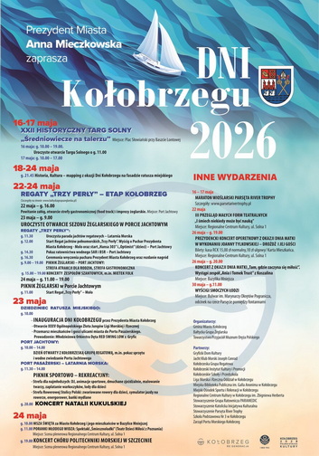 Dni Kołobrzegu 2026 plakat wydarzenia Plakat Dni Kołobrzegu 2026. Na niebieskim tle z falami widnieje biała żaglówka, obok duży napis