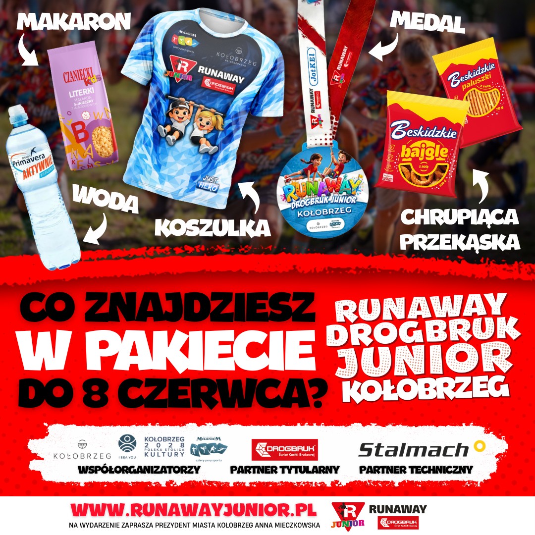 Zestaw startowy Runaway Drogbruk Junior Kołobrzeg: niebieska koszulka z nadrukiem, medal na czerwonej wstążce, butelka wody, makaron, chrupiąca przekąska.